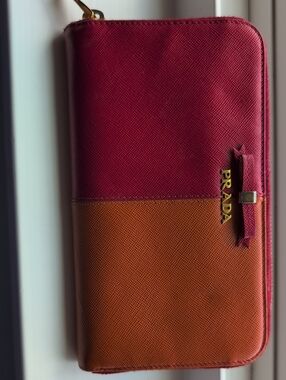 Prada Two-Tone Zip Wallet — Fuchsia & Orange